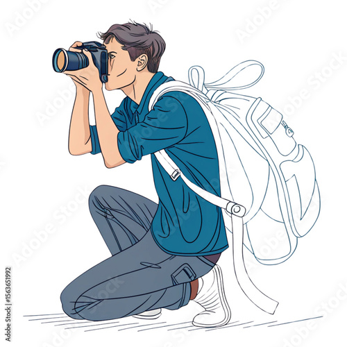 continuous line drawing man making photos with camera 