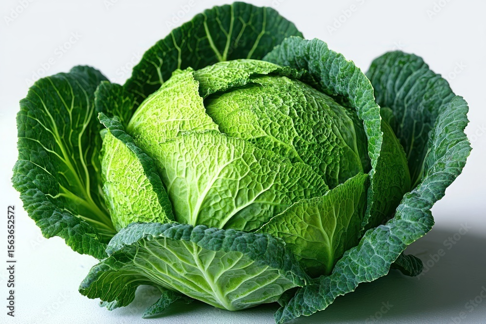 Fototapeta premium Fresh green cabbage head with textured leaves isolated on white background