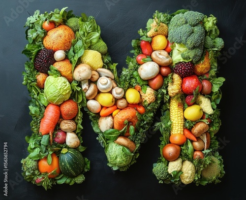 Large letter M composed of various fresh fruits and vegetables including carrots, mushrooms, broccoli, corn, pomegranate, citrus fruits, and leafy greens on a dark background