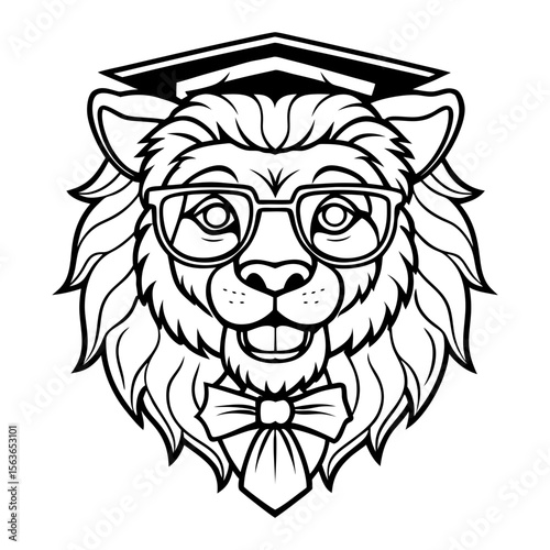 Decent lion face wearing graduation cap, sunglasses and bow tie vector line art illustration