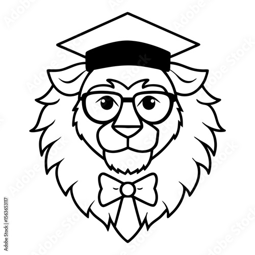 Decent lion face wearing graduation cap, sunglasses and bow tie vector line art illustration