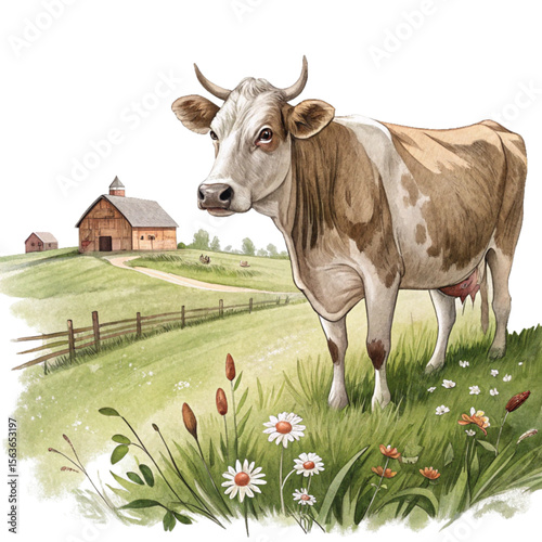 illustration of cow on farm