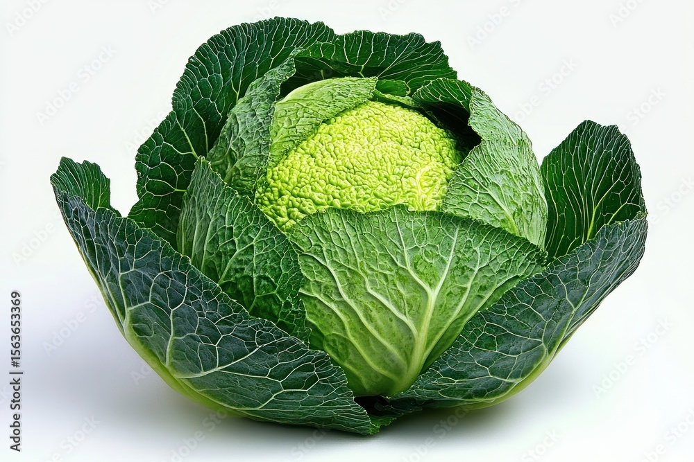 Fototapeta premium Fresh green cabbage with tightly packed inner head and surrounding dark green leaves on white background