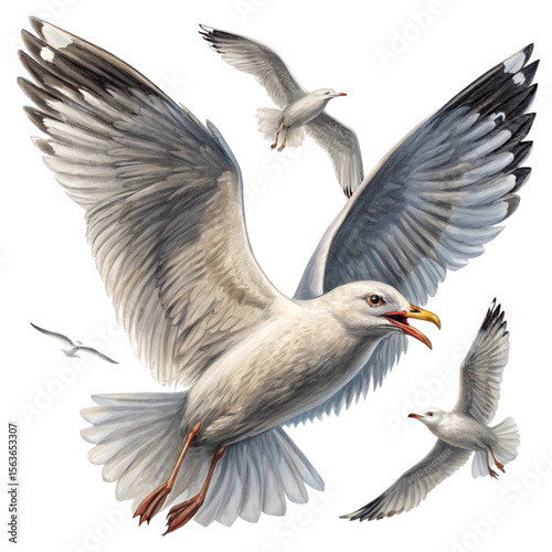 Modern illustration with seagulls A realistic sketch