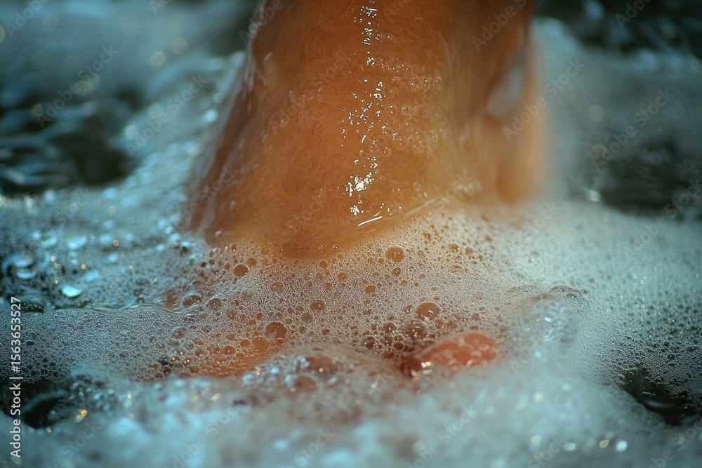 Fototapeta premium Close-up of a foot immersed in bubbly water with soap foam and droplets on skin, capturing freshness and cleanliness