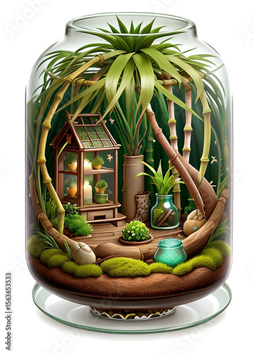 AI illustration of the world of moss terrarium plants.	