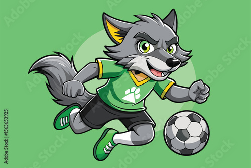 Cartoon wolf character playing soccer with a determined expression on a green background