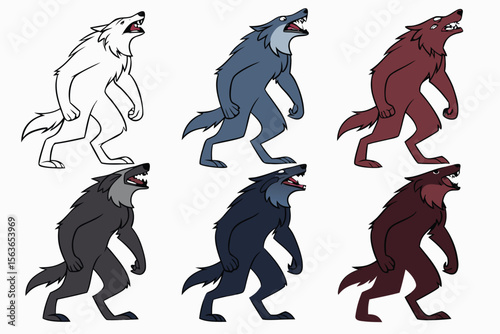Cartoon Werewolf Illustration in Various Colors on a White Background