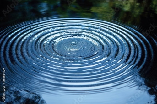 Concentric ripples spreading outward on calm blue water surface reflecting surrounding nature, evoking tranquility and peacefulness