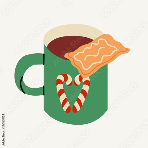Christmas mug with hot chocolate, cookies and candy cane. Festive illustration for greeting cards, banners, invitations, textiles.