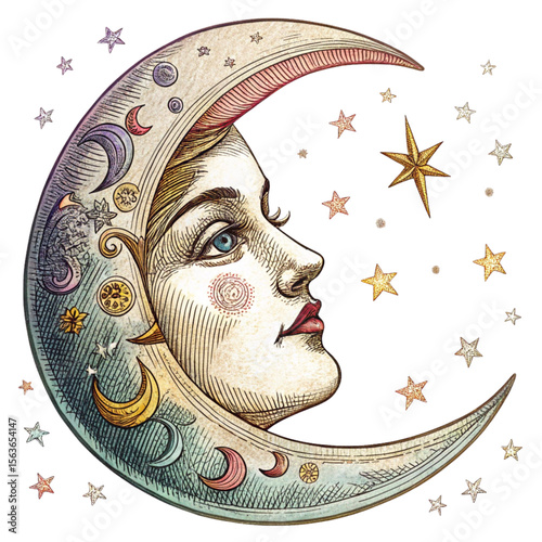 Vintage sketch of crescent moon with face in detailed colorful lines illustration 