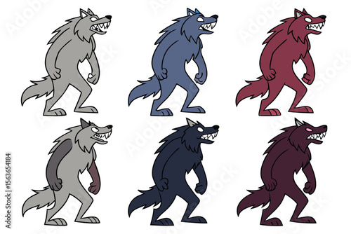 Cartoon Werewolf Illustrations in Multiple Colors with Black Outlines on White Background