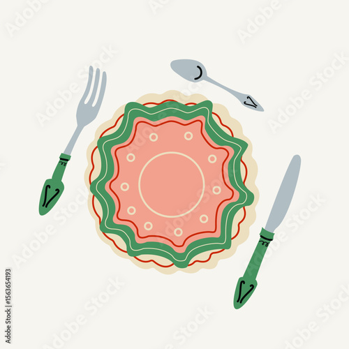 Festive holiday dinner elements with plate, spoon and fork, decorative table settings. Christmas Flat Design 