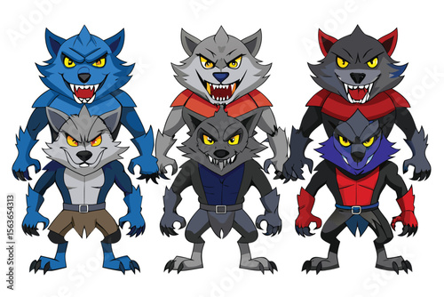 Cartoon Werewolf Characters Standing in a Group with Different Colors