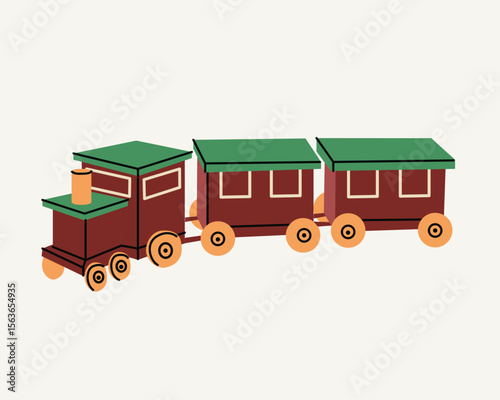 Cute wooden toy train locomotive for kid, engine, wagon, wheels and railway for child. Christmas flat vector illustration for holiday, birthday and shop. Transport children game. 