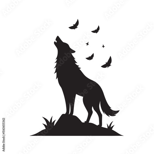 Wolf Howling With Birds Flying Artwork