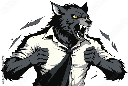 Angry Werewolf in Business Attire Ripping Shirt with Fists Clenched