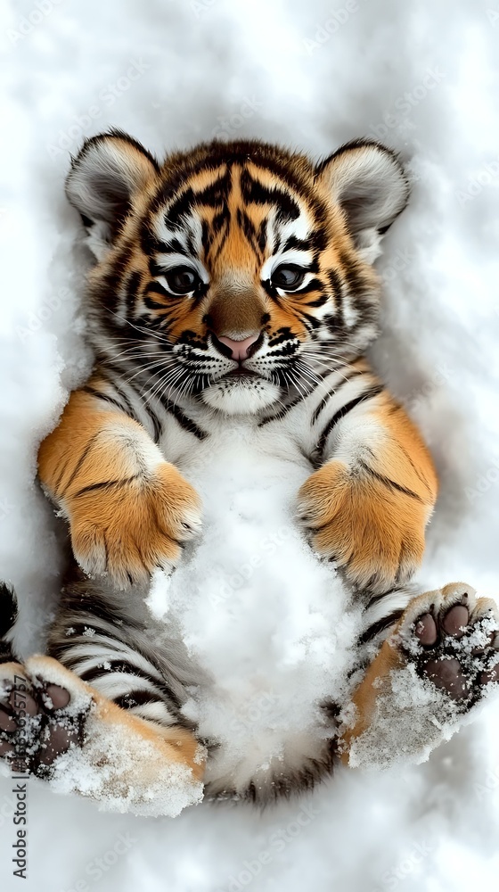 Obraz premium Adorable tiger cub playing in snow, showing expressive face and paws. Close-up portrait captures orange, black and white fur patterns against winter white background.