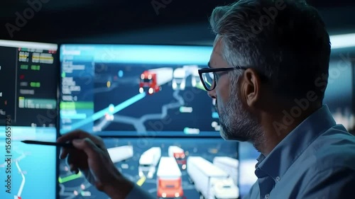 Man monitors transport, points at map of trucks in control room. Use Logistics or fleet management