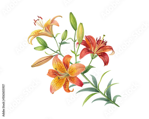 watercolor Tiger Lily Branch vector illustration isolated on white background