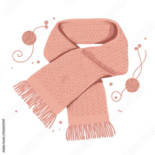Knitted Scarf with Tassels and Yarn Curls, Flat Vector Illustration