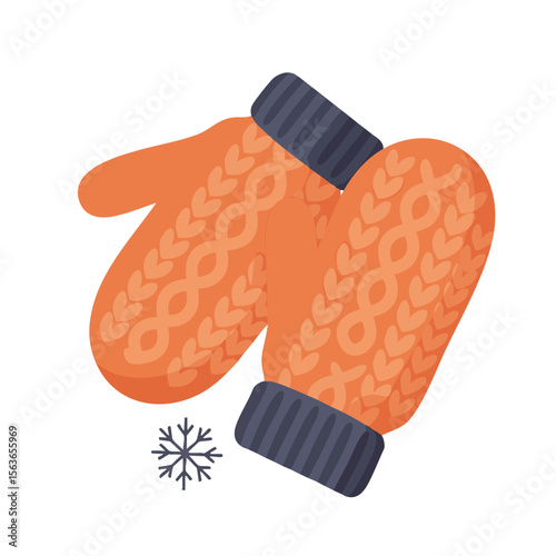 Knitted Mittens with Cable Pattern and Snowflake Accent, Flat Icon