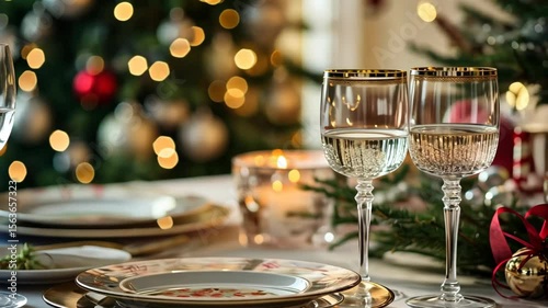 festive table setting with glassware and festive christmas new year decor