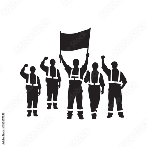 Workers Holding Banner with Raised Fists Silhouette – Protest and Unity Vector Art

