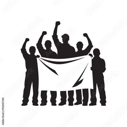 Workers Holding Banner with Raised Fists Silhouette – Protest and Unity Vector Art

