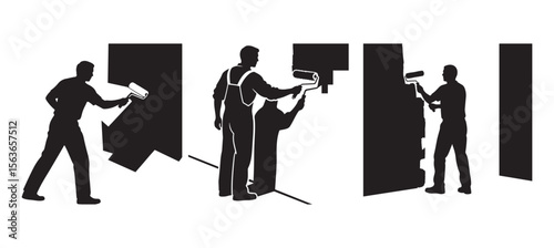 Man Painting Wall with Roller Brush Silhouette – Labor in Action Vector Art

