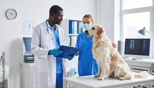 Vet examining Golden Retriever dog clinic. (1)