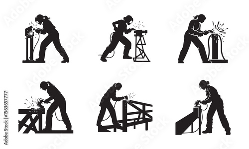 Woman Welding with Flying Sparks Silhouette – Powerful Black and White Vector Art