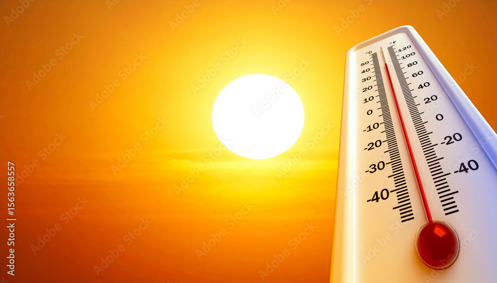 Obraz premium Termometro sol ardiente caluroso y bruma sobre el horizonte en concepto de ola de calor y altas temperaturas