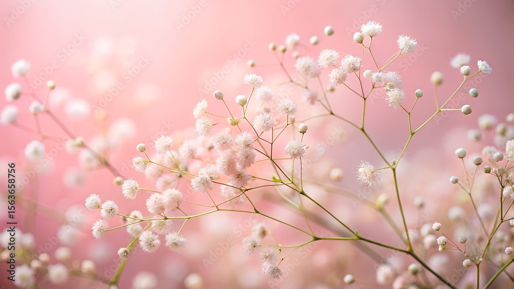 Obraz premium Delicate baby's breath blooms against a soft pink background evoke feelings of peace, romance, and serenity for soothing spring visuals.