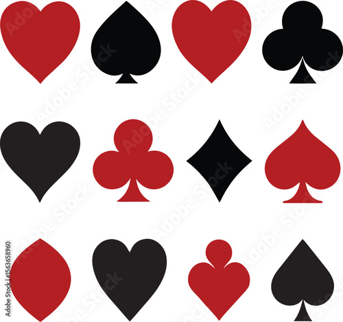 Collection of red and black playing card suits on white background