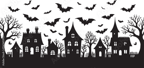 Halloween town silhouette with flying bats and spooky trees