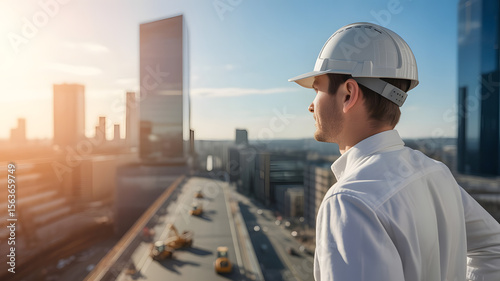 A construction worker wearing a hard hat overlooks a cityscape from a high-rise building, with sunlight in the background.