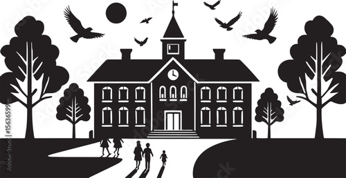 School building with trees and birds flying