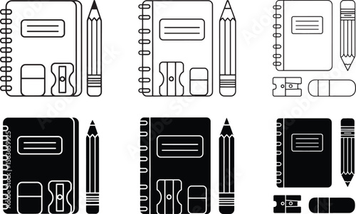 Notebook pencil eraser and sharpener icons in outline and solid styles