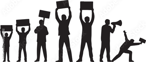 Silhouetted figures holding signs and a megaphone protest