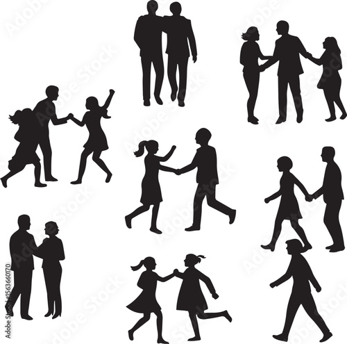 Silhouettes of people interacting and dancing couples