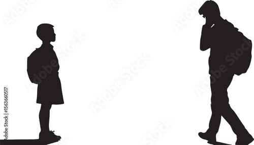 Child and adult silhouettes with backpacks walking