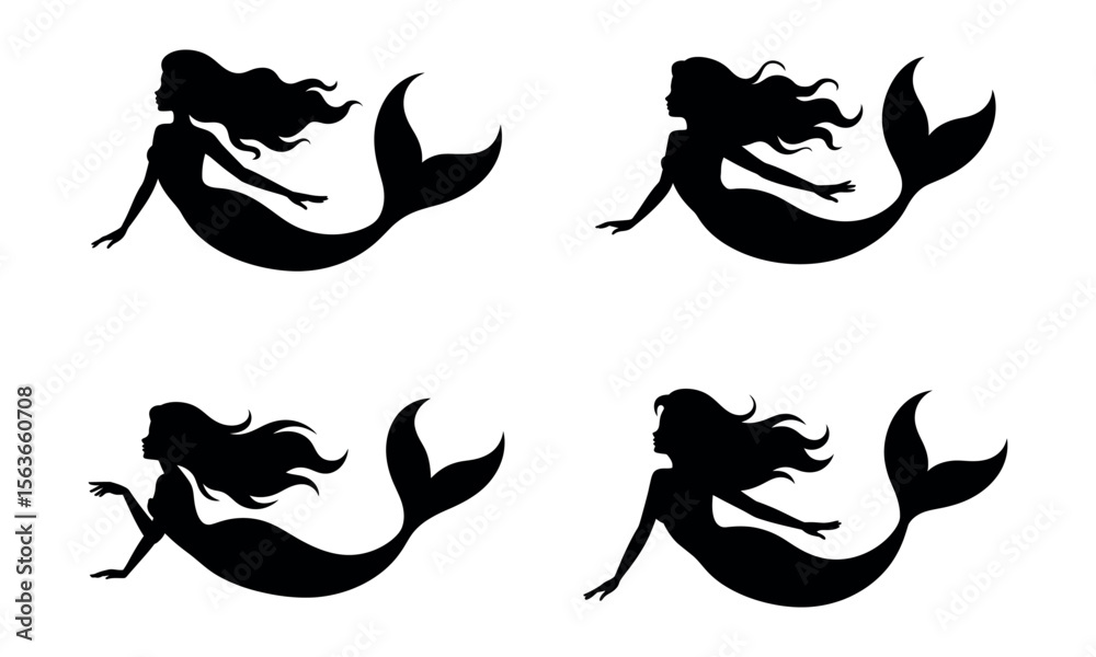 Fototapeta premium Mermaid silhouette collection in black with tails and fantasy ocean theme 