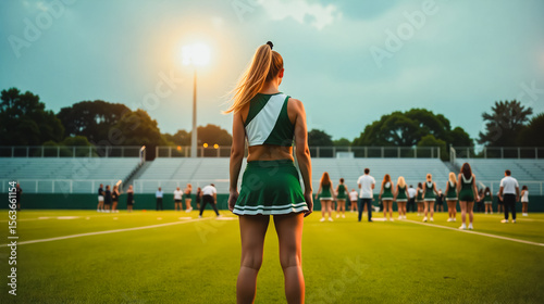 Focused Cheerleader on Field - Back View, A female cheerleader stands on a sports field, viewed from behind, demonstrating concentration and athleticism.