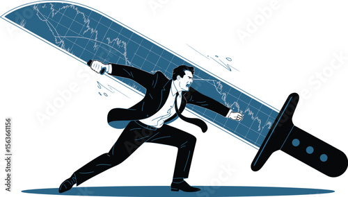A man in a suit wielding a sword with a stock market graph on the blade, in a dynamic pose on white