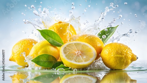 Fresh lemons splash in water presenting citrus fruits and vibrant green leaves against a bright background.