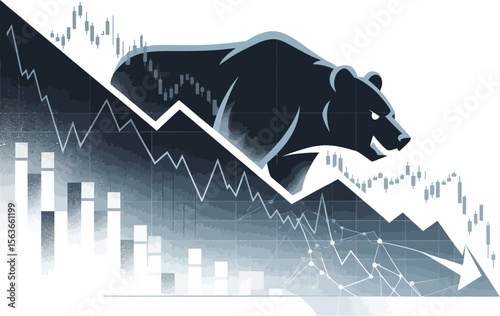 Bear market illustration showing a bear over a downward trending stock market graph and arrow