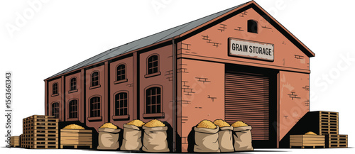 Illustration of a grain storage building with bags of grain and pallets outside on a white background