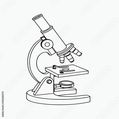 A detailed technical illustration of a compound light microscope, presented as a clean black outline vector on a solid white background. The line work should be precise and of a consistent, fine weigh