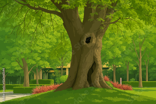 A majestic old tree with a wide trunk and deep hollow openings stands prominently in a well-maintained park. Its bark is textured and gnarled, adding a sense of age and character. Surrounding the tree